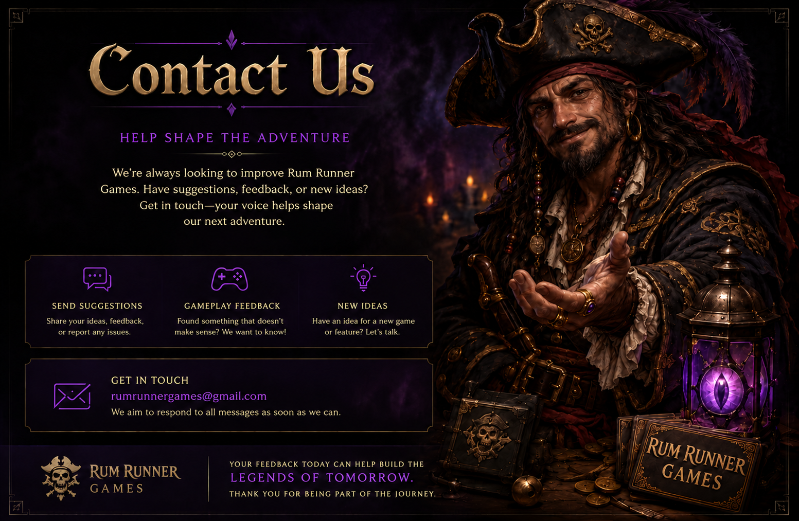 Contact Us — Help shape the adventure. Send suggestions, gameplay feedback, or new ideas.