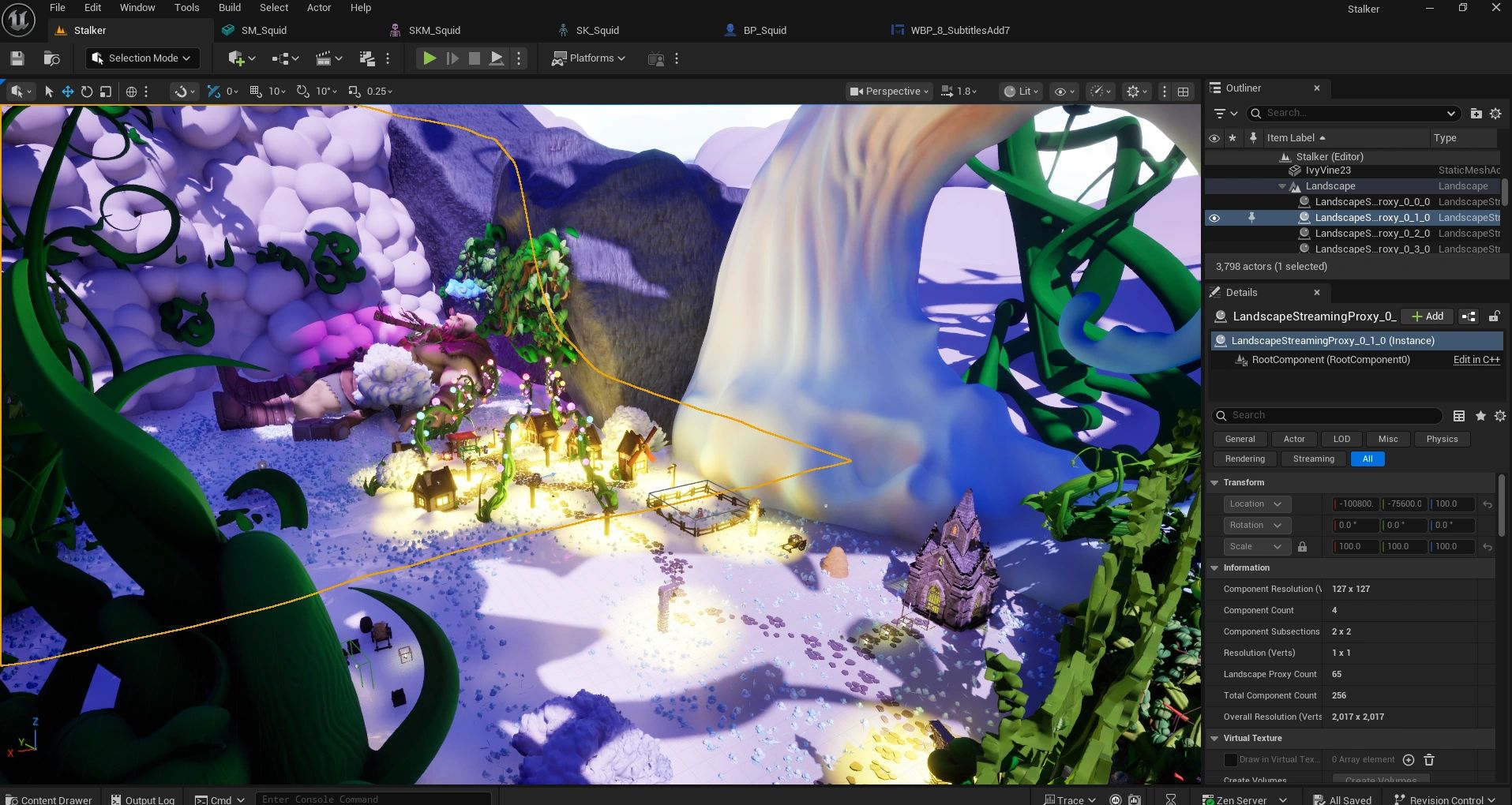 3D fantasy game environment with glowing lanterns and giant plants in a game editor.