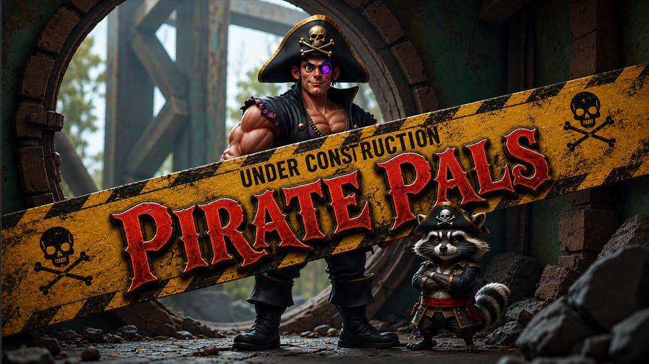 Pirate Pals — pirate captain and raccoon with an Under Construction banner